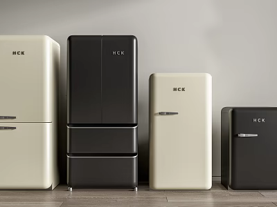 Retro Design Refrigerators by ICE and HC in Black and White Colors Displayed Together 3d model