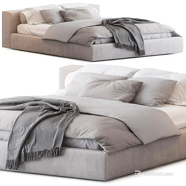Modern Double Bed With Soft Gray Linen Bedding Multiple Plush Pillows And Cozy Throw Blanket 3d model 