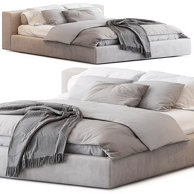 Modern Double Bed With Soft Gray Linen Bedding Multiple Plush Pillows And Cozy Throw Blanket 3d model