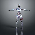 Game Movie Character Silver Female Mechanical Robot With Red Joint Details Standing In Gray Background