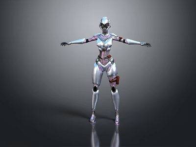 Game Movie Character Silver Female Mechanical Robot With Red Joint Details Standing In Gray Background 3d model