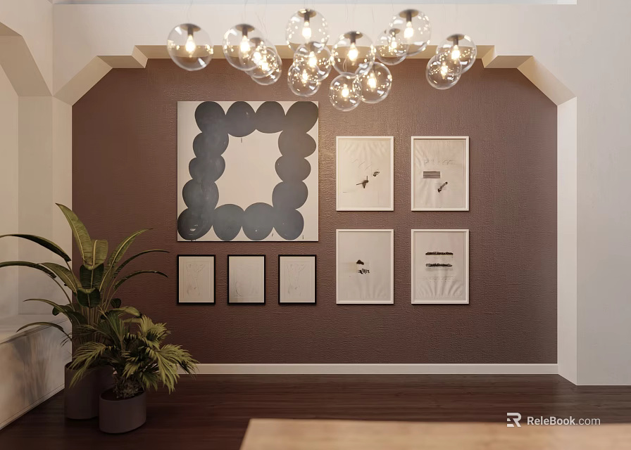 Abstract Painting As Focal Point On Brown Wall With Artworks Chandelier Plant And Wooden Floor 3d model 