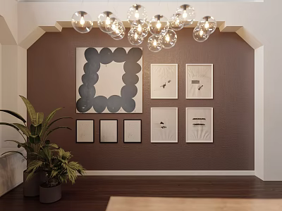 Abstract Painting As Focal Point On Brown Wall With Artworks Chandelier Plant And Wooden Floor 3d model