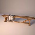 Rustic Public Wooden Bench With Gray And Beige Blanket Draped Over 3d model