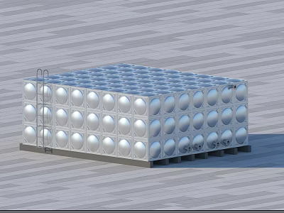 Stainless Steel Water Storage Tank With Circular Patterns And Support Frame 3d model