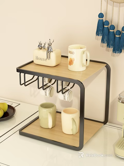 Wooden Sideboard with Black Metal Frame Mug Hooks and Decorative Mugs for Kitchen 3d model 