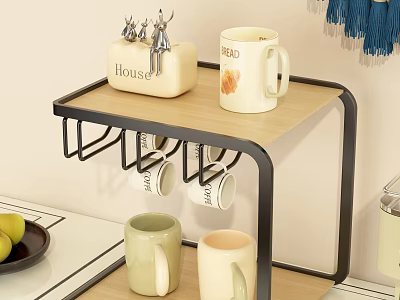 Wooden Sideboard with Black Metal Frame Mug Hooks and Decorative Mugs for Kitchen 3d model
