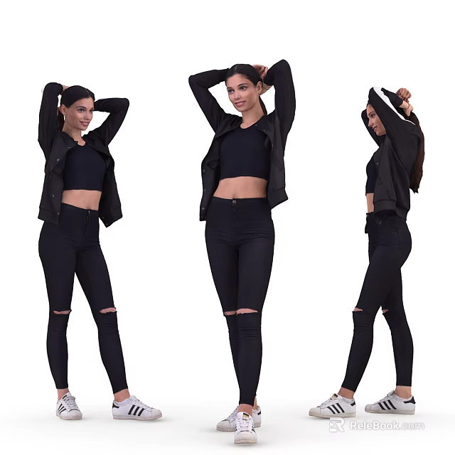 Fashionable Woman Wearing Black Jacket Crop Top Ripped Jeans and White Shoes in Different Poses 3d model 