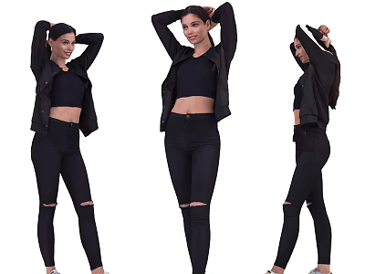 Fashionable Woman Wearing Black Jacket Crop Top Ripped Jeans and White Shoes in Different Poses 3d model