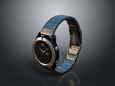 Stylish Modern Fashion Watch With Black Dial And Blue Metallic Strap Design Details 3d model