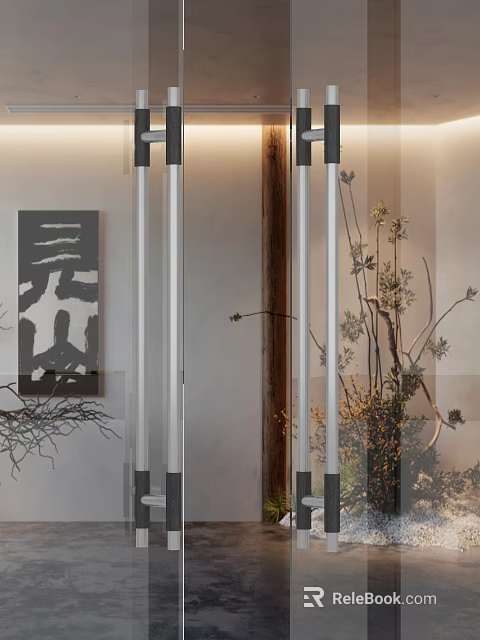 Modern Sleek Metal Door Handle In Interior With Wooden Accents And Decorative Plants 3d model 