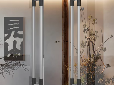 Modern Sleek Metal Door Handle In Interior With Wooden Accents And Decorative Plants 3d model