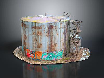 Rusty Metal Oil Tank With Colorful Graffiti Metal Staircase And Decorative Base 3d model