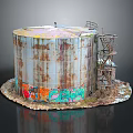 Rusty Metal Oil Tank With Colorful Graffiti Metal Staircase And Decorative Base