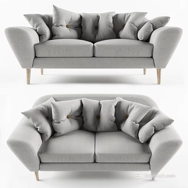 Light Gray Two Seater Sofa With Plush Cushions And Wooden Legs Design 3d model 