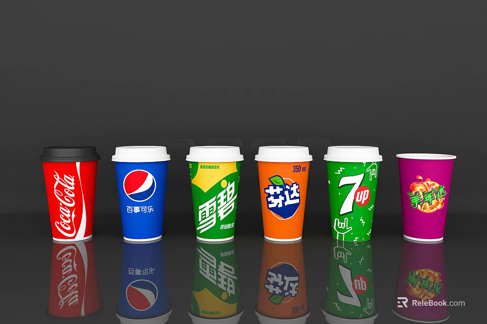 Colorful Disposable Paper Cups From Various Beverage Brands On Reflective Surface 3d model 