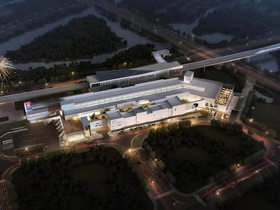Hotel Building Night View With Illuminated Exterior River Bridge And Greenery Surroundings 3d model