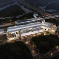 Hotel Building Night View With Illuminated Exterior River Bridge And Greenery Surroundings