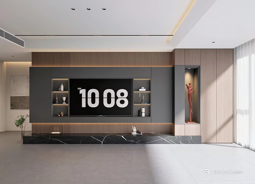 Modern TV Wall Unit Design With Flat Screen TV Decorative Shelves And Wooden Panels 3d model 