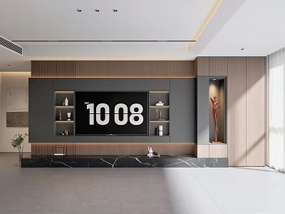 Modern TV Wall Unit Design With Flat Screen TV Decorative Shelves And Wooden Panels 3d model