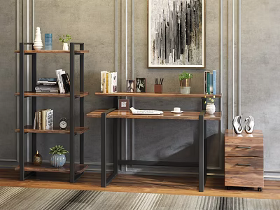 Industrial Wooden Metal Bookcase With Books Decorations And Side Desk Cabinet 3d model