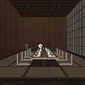 Traditional Private Dining Room With Wooden Walls Long Dining Table Lattice Screens And Warm Lighting