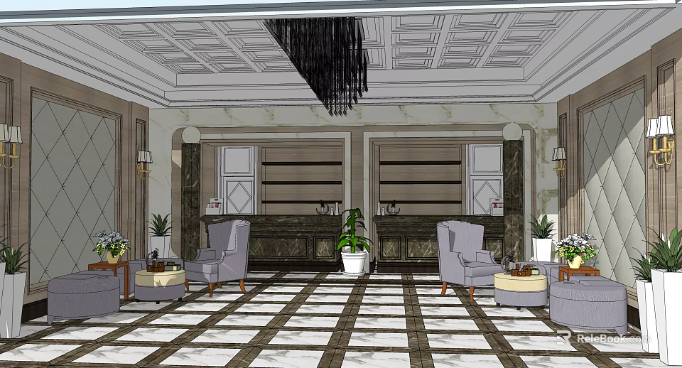 Elegant Hotel Lobby With Ornate Ceiling Black Chandelier Checkerboard Floor And Reception Desk 3d model 
