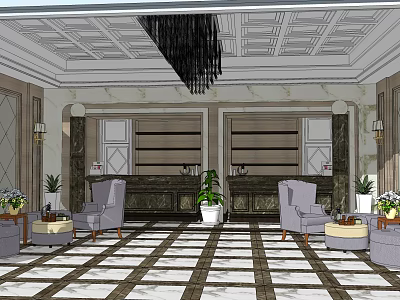 Elegant Hotel Lobby With Ornate Ceiling Black Chandelier Checkerboard Floor And Reception Desk 3d model