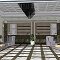 Elegant Hotel Lobby With Ornate Ceiling Black Chandelier Checkerboard Floor And Reception Desk