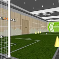Indoor Soccer Training Facility With Green Turf Cones And Hexagonal Decorations