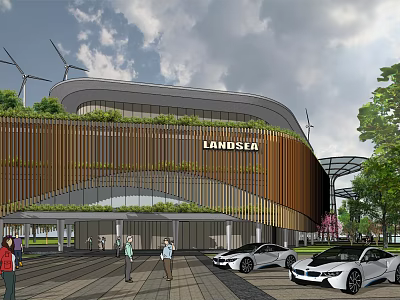 Modern Langsea Sales Office Building with Curved Wooden Facade Green Roof and Luxury Cars 3d model