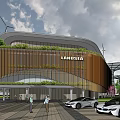 Modern Langsea Sales Office Building with Curved Wooden Facade Green Roof and Luxury Cars