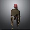 Ancient Bronze Weapon Helmet Featuring Polished Gold Surface And Red Crest Decoration