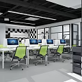 Modern Public Office Interior With Work Desks Green Chairs Computers And Open Layout 3d model