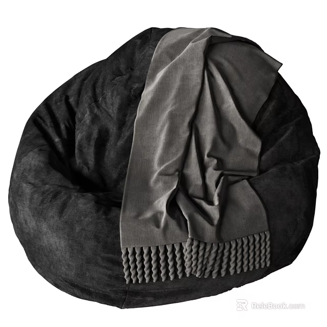 Velvet Black Bean Bag Chair With Gray Fringe Trimmed Blanket Accent 3d model 