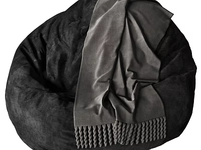 Velvet Black Bean Bag Chair With Gray Fringe Trimmed Blanket Accent 3d model