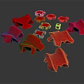 Red Building Blocks Various Shapes Scattered on Gray Reflective Surface with Texture 3d model