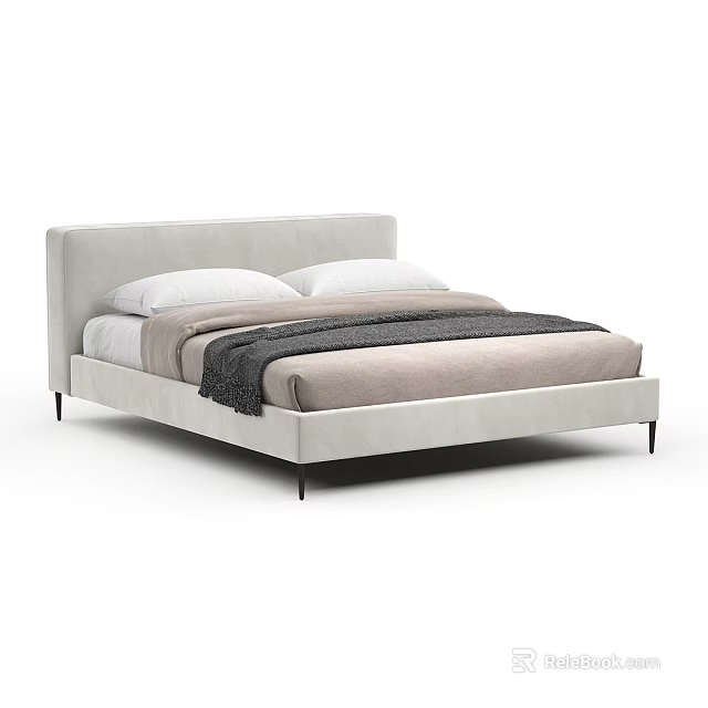 Modern Light Gray Upholstered Double Bed With Soft Bedding And Slim Black Legs 3d model