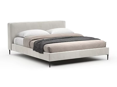 Modern Light Gray Upholstered Double Bed With Soft Bedding And Slim Black Legs 3d model