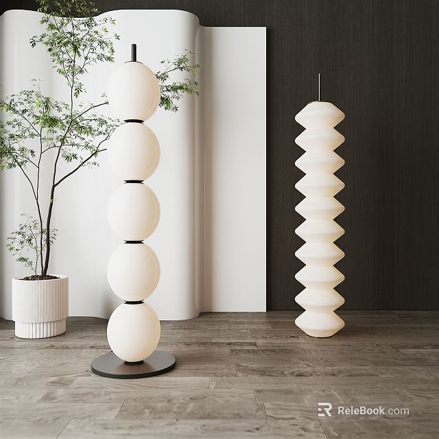 Modern Floor Lamps With Spherical And Spiral Shades In Living Room Interior 3d model 