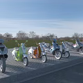 Colorful Motorcycles Parked in a Row Along Brick Roadside With Green Grass and Trees