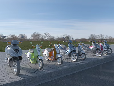 Colorful Motorcycles Parked in a Row Along Brick Roadside With Green Grass and Trees 3d model