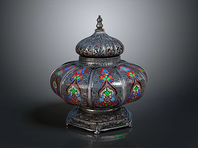 Ornate Silver Filigree Container With Colorful Floral Patterns And Carved Lid 3d model