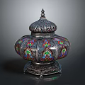 Ornate Silver Filigree Container With Colorful Floral Patterns And Carved Lid