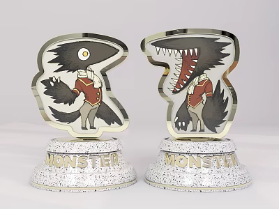 Stylish Cartoon Monster Trophies Featuring Red Shirts Silver Bases And MONSTER Details 3d model