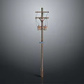 Traditional Wooden Utility Pole With Crossarm And Electrical Equipment Components