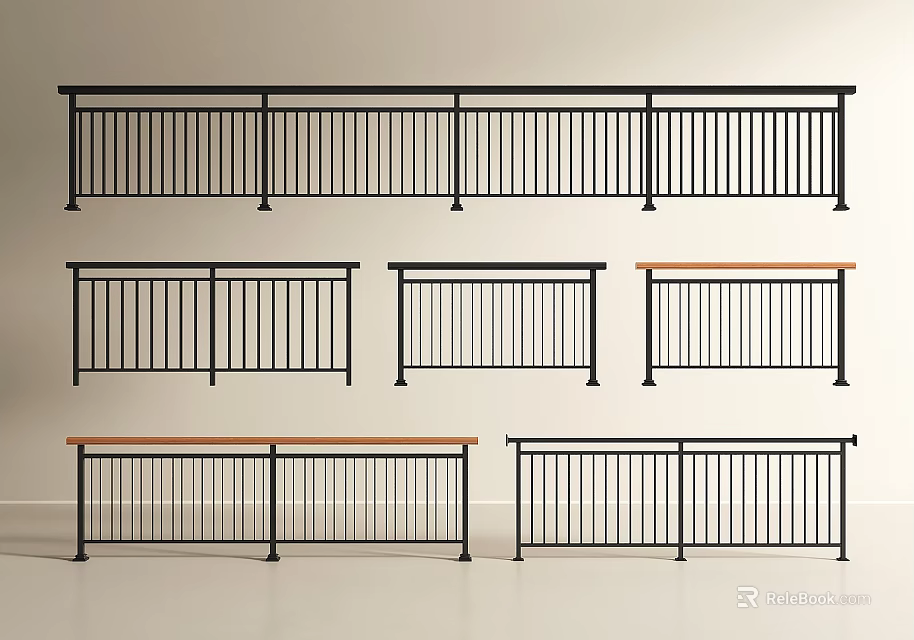 Various Railing Designs With Metal Frames And Wooden Top Options For Home 3d model 