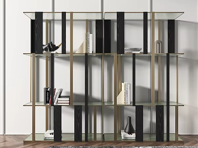 Elegant Modern Shelving Unit With Metal Frame Glass Shelves Wooden Accents And Decorative Books 3d model