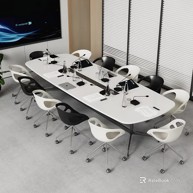 Modern Office Conference Table With Black And White Chairs And Microphones 3d model 