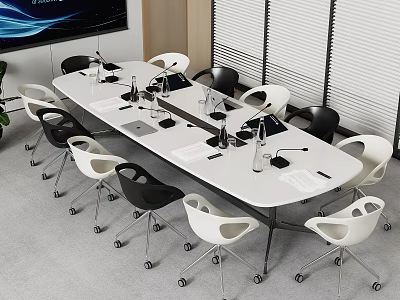 Modern Office Conference Table With Black And White Chairs And Microphones 3d model